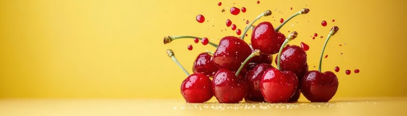 Poster - Vibrant Yellow Background with Delicate Cherries Falling Gracefully Creating a Joyful and Lively Composition Highlighting Nature's Sweet Bounty