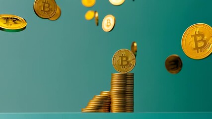 Poster - Gold coins forming an ascending chart with a bitcoin on top, representing successful investment in cryptocurrency and its growing value in the financial market
