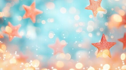 Poster - Colorful star decorations shine against a soft blue background with a sparkling bokeh effect in a festive setting
