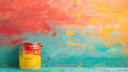 Poster - Colorful paint can against vibrant abstract wall backdrop in artistic setting