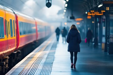 Poster - A woman dressed in casual attire walking confidently on a train platform as a train approaches creating a dynamic urban travel atmosphere