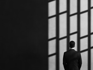 Aufkleber - Confident Businessman in Formal Suit Posed Against Modern Wall Creating a Professional Atmosphere Exuding Success and Determination in Corporate Setting