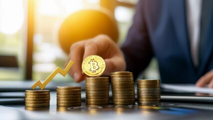 Poster - Businessman is putting a bitcoin gold coin on top of a golden upward arrow placed on increasing stacks of coins, symbolizing positive investment and financial growth