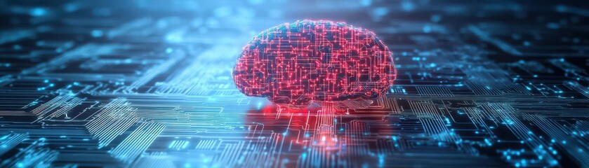 Poster - Intricate Brain Composed of Circuitry with a Glowing Red Light Emanating from Its Core Symbolizing Innovation Technology and the Future of Intelligence