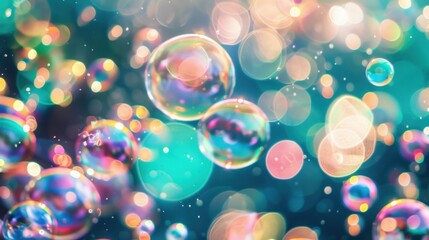 Poster - Colorful soap bubbles floating against a sparkling background of light and color
