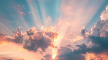 Wall Mural - sunset with vibrant clouds and rays illuminating the sky above a serene landscape