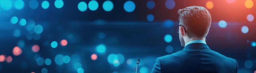 Poster - A Confident Man in Formal Attire Standing Before a Brightly Lit Stage with Vibrant Lights Creating an Energetic and Professional Atmosphere