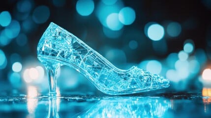 Poster - Sparkling clear high heel shoe displayed against a shimmering blue background