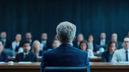 Poster - Confident Businessman in Suit Leading Discussion at Large Table Surrounded by Colleagues Creating a Dynamic Professional Environment of Collaboration