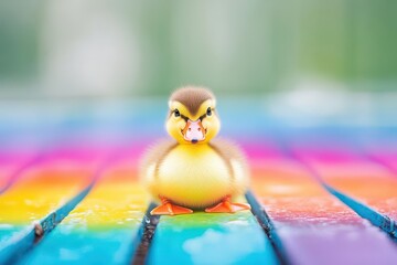 Fototapete - A Charming Yellow Duck Perched on a Brightly Colored Table Surrounded by Vibrant Patterns Creating a Playful and Cheerful Atmosphere Indoors