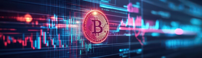 Poster - Shimmering Bitcoin Coin Resting on Vibrant Digital Screen Surrounded by Futuristic Graphics Representing Technology and Modern Financial Concepts