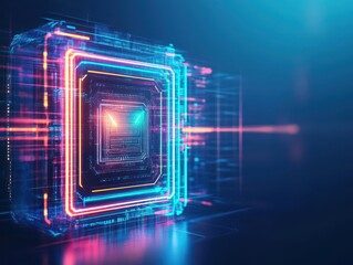 Poster - Futuristic Computer Processor Illuminated by Vibrant Neon Lights Showcasing Advanced Technology and Innovation in a Sleek Modern Design and Atmosphere