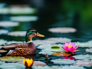 Poster - A Tranquil Duck Gliding Across a Serene Pond Adorned with Beautiful Water Lilies Under a Clear Blue Sky Creating a Peaceful Nature Scene