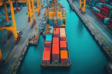 Poster - Majestic Container Ship Navigating Through Vast Ocean Waters Under Clear Blue Sky Surrounded by Gentle Waves Creating a Tranquil Maritime Scene