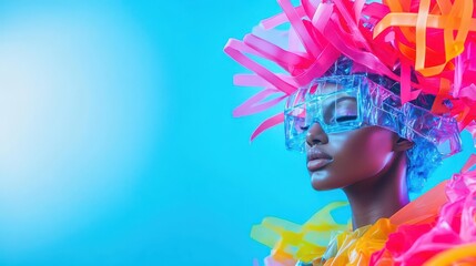 Aufkleber - Vibrant Portrait of a Woman Adorned with a Colorful Headpiece Radiating Joy and Cultural Richness in a Natural Outdoor Setting