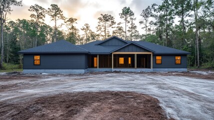 Poster - Brand-new home with concrete foundation, exposed beams, and clean construction materials, set in an area with undeveloped land