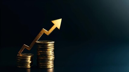 Poster - Increasing investment concept featuring stacks of gleaming gold coins alongside an upward arrow against a dark background, symbolizing financial success and growth in the economy