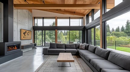 Poster - Brand-new home with concrete foundation, exposed beams, and clean construction materials, set in an area with undeveloped land