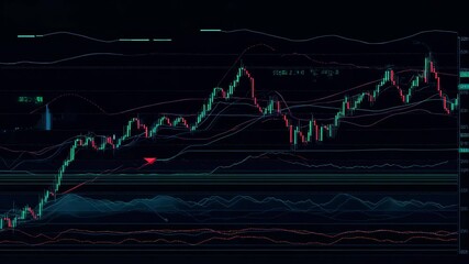 Poster - Colorful candlestick chart showing cryptocurrency trading data fluctuating on a black screen, representing investment, finance, and market trends