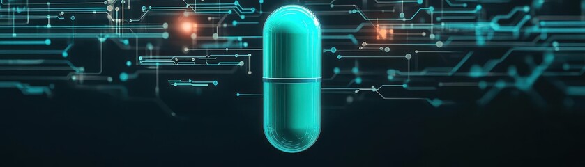 Poster - Vibrant Green Pill Illuminated Against a Deep Black Background Showcasing the Contrast Between Color and Shadow in a Minimalist Aesthetic Setting