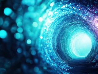 Poster - A Vibrant Blue and Green Tunnel Illuminated by Soft Light Creating an Enigmatic and Inviting Atmosphere of Mystery and Wonder in an Abstract Space