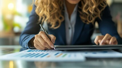 Poster - Businesswoman analyzing financial charts and taking notes with a pen, utilizing a tablet to develop investment strategies and enhance financial planning in a modern office setting
