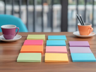 Poster - Vibrant Workspace Featuring Colorful Sticky Notes on a Table Surrounded by Warm Natural Light and a Cozy Cup of Coffee for Creative Inspiration