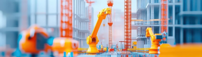 Aufkleber - Dynamic Construction Site Featuring Towering Cranes and Emerging Buildings Against a Clear Blue Sky Capturing the Energy of Urban Development and Growth
