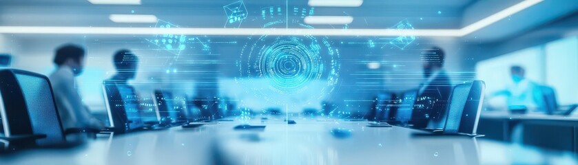 Aufkleber - Futuristic Office Interior Featuring Innovative Technology and Sleek Design with Advanced Interfaces Promoting Productivity and Modern Work Environment