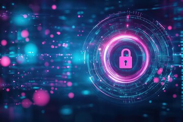 Poster - Mysterious Lock Illuminated by Vibrant Pink and Blue Lights Against a Dark Background Evoking Intrigue and Enigma in a Contemporary Visual Style