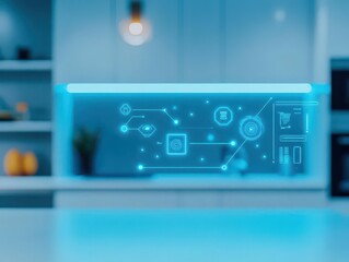 Aufkleber - Illuminated Blue Light on a Table Surrounded by Futuristic Robot Icon Creating a Modern and Innovative Atmosphere in a Contemporary Setting
