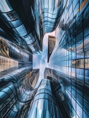 Poster - architecture's straight edges morph into flowing patterns on a metallic mirrored surface