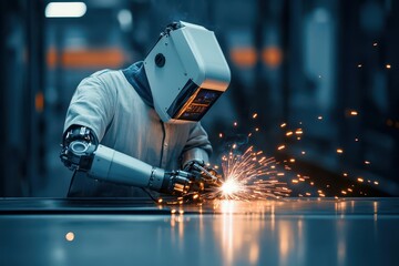Poster - A mechanic welding a robotic exosuit, sparks flying, dark industrial setting, side view