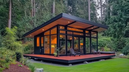 Poster - Sleek, contemporary garden house with floor-to-ceiling glass walls, an inviting outdoor deck, and vibrant garden surroundings