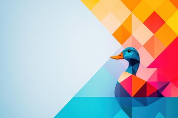 Poster - A Charming Duck Perched on a Vibrant Geometric Background Radiating Colorful Patterns and Shapes Evoking a Playful and Artistic Atmosphere