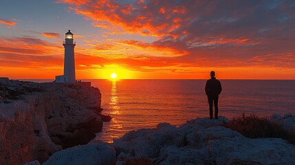 Wall Mural - Serene sunset view at a coastal lighthouse with a silhouetted figure watching the horizon