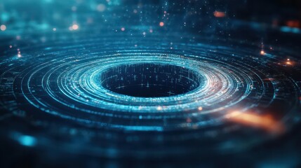Poster - Vibrant Circular Blue Background Featuring a Central Black Hole Creating a Deep Contrast and Intriguing Visual Element Evoking Mystery and Depth
