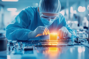Leinwandbilder - Dedicated Scientist Analyzing Intricate Semiconductor Chip in High-Tech Laboratory Environment with Focused Expression and Innovative Equipment Surrounding