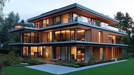 Modern luxury home, twilight, garden, elegant design, real estate