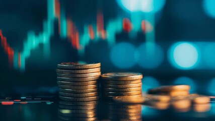 Poster - Stacks of gold coins symbolize increasing profits reflecting positive investment performance against backdrop of stock market chart displaying financial data insights