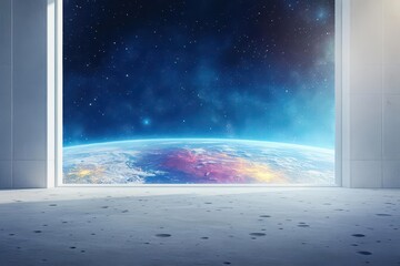 Aufkleber - Breathtaking View of Earth from a High Window Showcasing Vibrant Blue Oceans and White Clouds Against a Dark Starry Sky Creating a Peaceful Scene