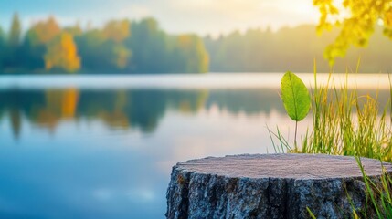 Poster - Closeup of an Aged Tree Stump Topped with a Vibrant Green Leaf Surrounded by Natural Textures and Earthy Colors Evoking a Sense of Tranquility and Life