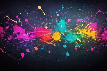 Fototapete - Vibrant Colorful Paint Splatters on Rich Black Background Creating a Dynamic and Artistic Visual Display Evoking Creativity and Energy in Modern Art