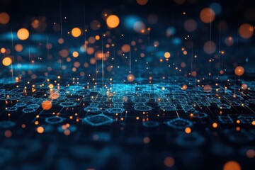 Fototapete - vibrant blue and orange circuitry with luminous lights creating a futuristic and technological atmos