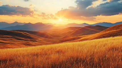 Canvas Print - Golden sunset over rolling hills and grassy field.