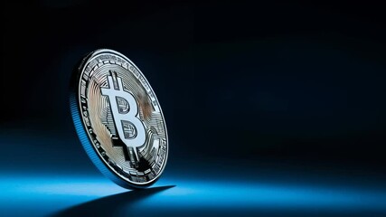 Poster - Silver bitcoin standing on edge on a dark blue surface, illuminated by a dramatic blue light, creating a strong contrast and highlighting the details of the cryptocurrency coin