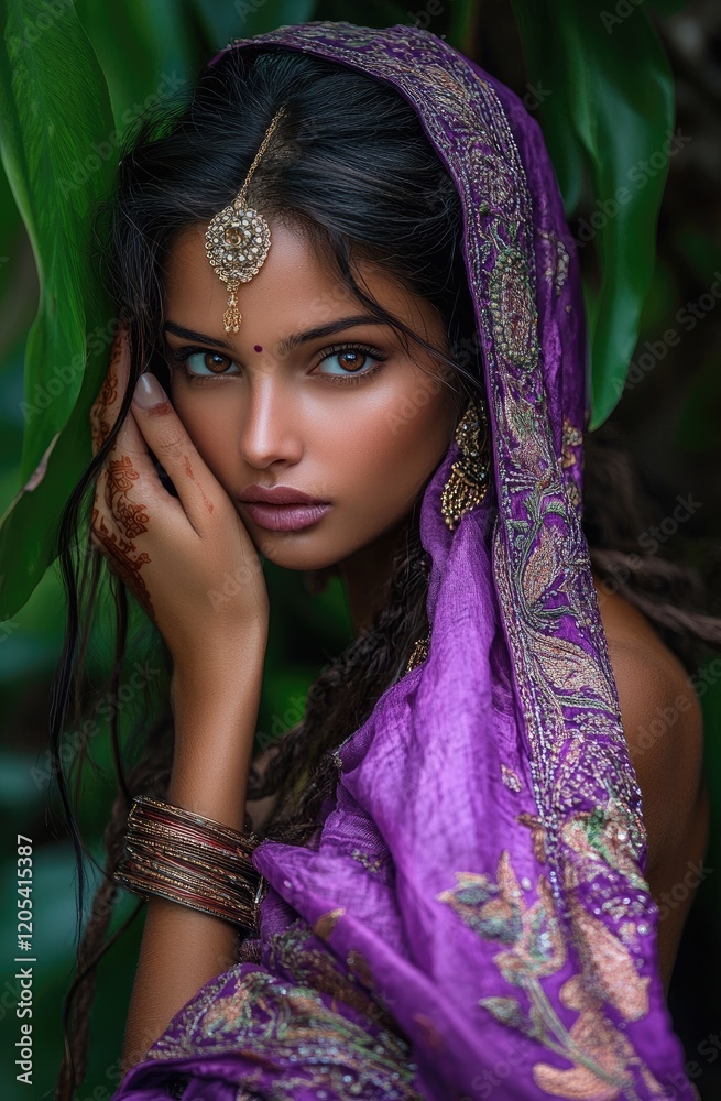 beautiful Indian woman in a sari, in her late thirties with long hair ...