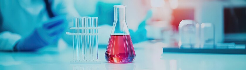 Leinwandbilder - Intriguing Laboratory Scene Featuring Red Beak Bird Perched Amidst Colorful Test Tubes and Scientific Equipment Evoking Curiosity and Discovery