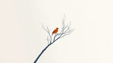 Poster - Graceful Bird Resting Quietly on a Sparse Branch Against a Minimalist White Setting