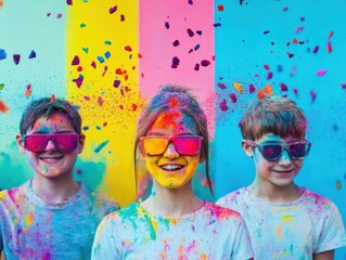 Poster - Joyful Moment of Three Children with Colorful Paint on Their Faces Expressing Creativity and Playfulness in a Bright Outdoor Environment Full of Fun